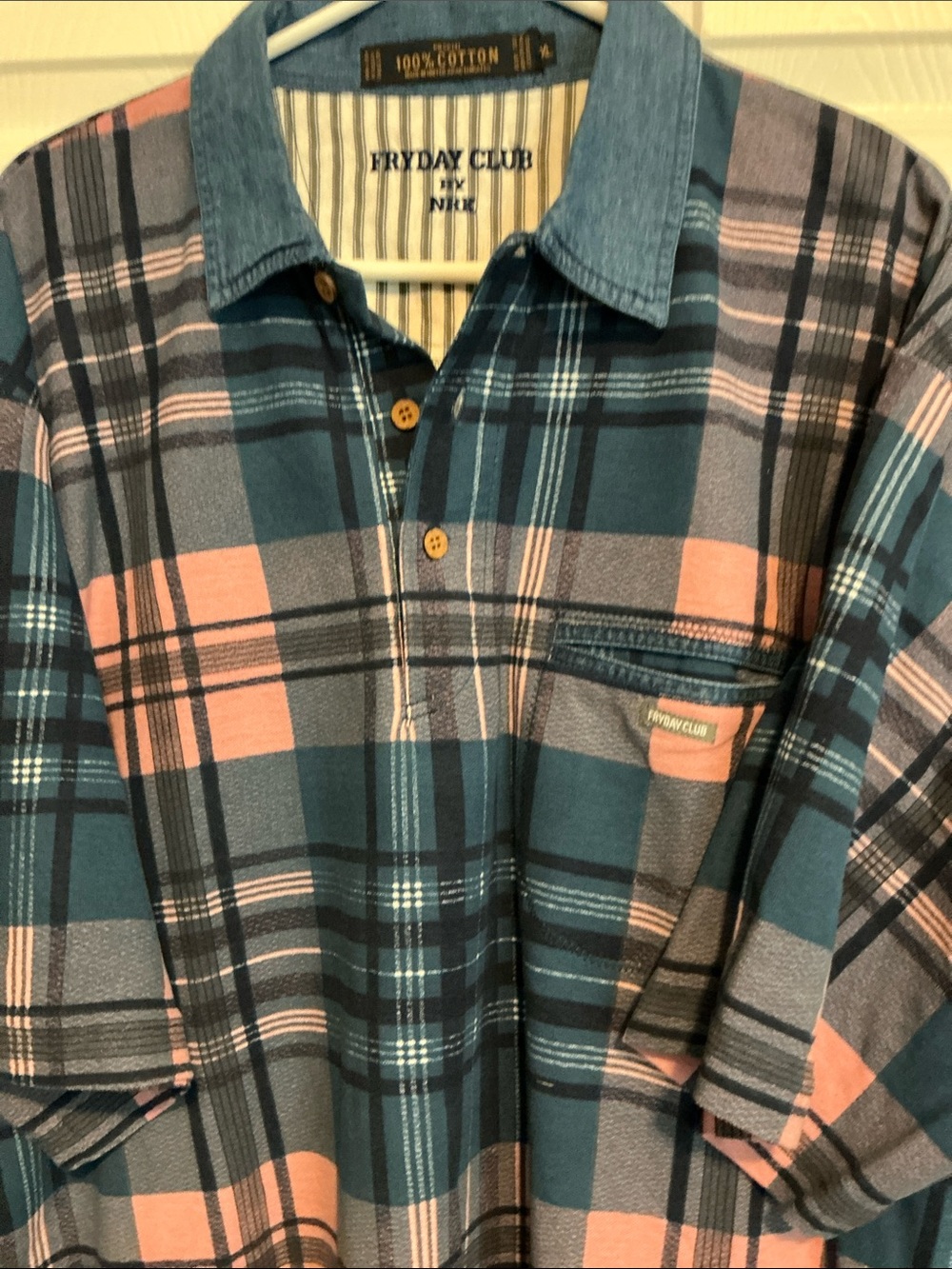 Men’s Teal and Pink Plaid Button-Down Shirt